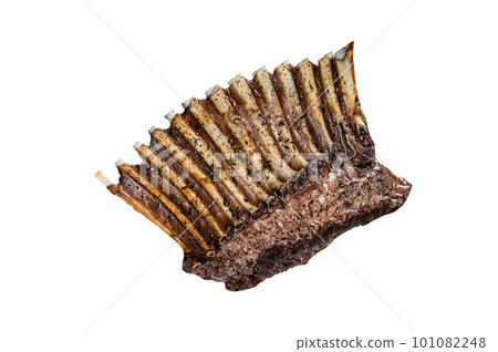 Charcoal Grilled French rack of Lamb Ribs Chops on cutting board. Isolated on white background. Charcoal Grilled French rack of Lamb Ribs Chops on cutting board. Isolated on white background. 101082248