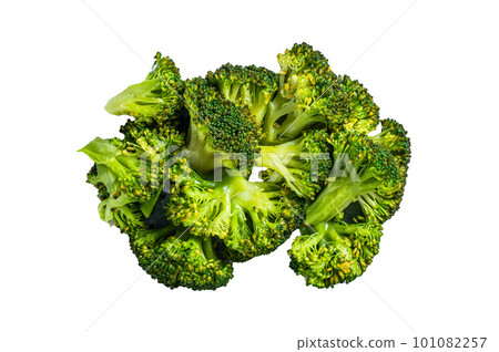 Green boiled broccoli cabbage on kitchen table. Isolated on white background. 101082257