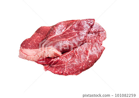 Fresh raw beef meat sirloin steaks, herbs and spices around cutting board. Isolated on white background. 101082259