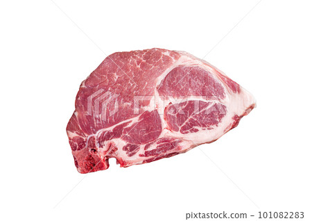 Pork neck steak from raw meat on marble board with herbs. Isolated on white background. Pork neck steak from raw meat on marble board with herbs. Isolated on white background. 101082283