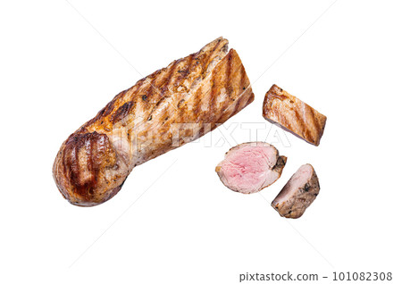 BBQ roasted pork tenderloin fillet meat. Isolated on white background. BBQ roasted pork tenderloin fillet meat. Isolated on white background. 101082308