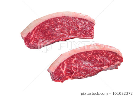 Raw cap rump or top sirloin beef meat steak. Isolated on white background. 101082372