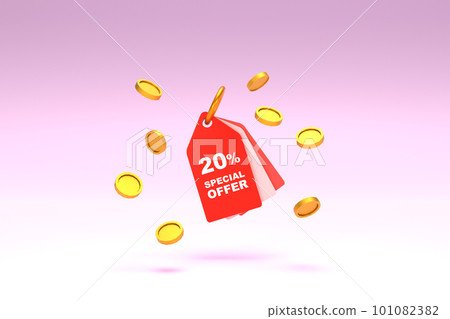 3D Rendering. Price tag with 20 percent discount and surrounded with coins on pastel pink background. Special Offer 20% Discount Tag. Super sale offer and best seller. 3D Rendering. Price tag with 20 percent discount and surrounded with coins on pastel pink background. Special Offer 20% Discount Tag. Super sale offer and best seller. 101082382