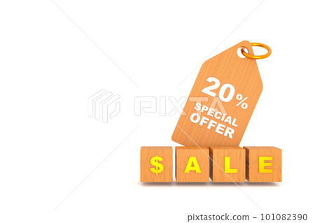 3D Rendering. Price wooden tag with 20 percent discount and free space for texting on white background. Special Offer 20% Discount Tag. Super sale offer and best seller. 3D Rendering. Price wooden tag with 20 percent discount and free space for texting on white background. Special Offer 20% Discount Tag. Super sale offer and best seller. 101082390