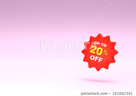 3D Rendering. 20 percent discount icon and free space for texting on pastel pink background. Special Offer 20% Discount Tag. Super sale offer and best seller. 101082391