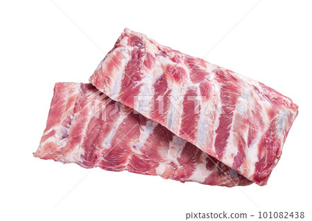 Rack of raw pork spare ribs on butcher table. Isolated on white background. 101082438