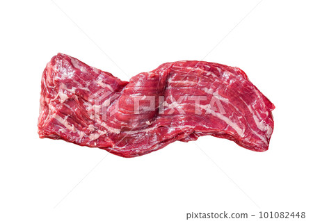 Raw machete skirt beef steak on butcher table. Isolated on white background. Raw machete skirt beef steak on butcher table. Isolated on white background. 101082448