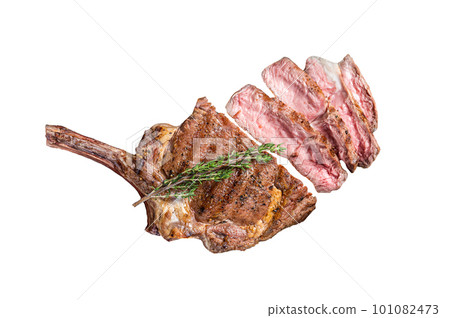 Grilled Tomahawk Beef Steak, Rib eye with thyme. Isolated on white background. 101082473