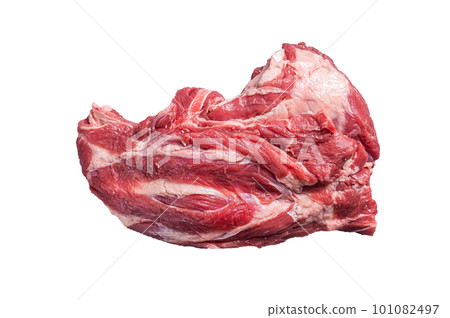 Boneless Raw lamb neck meat on a butcher table. Isolated on white background. Boneless Raw lamb neck meat on a butcher table. Isolated on white background. 101082497