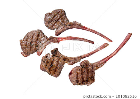 Grilled lamb mutton meat chops steaks. Isolated on white background. Grilled lamb mutton meat chops steaks. Isolated on white background. 101082516