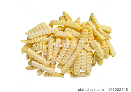 Frozen Crinkle French fries potatoes sticks. Isolated on white background. Frozen Crinkle French fries potatoes sticks. Isolated on white background. 101082548