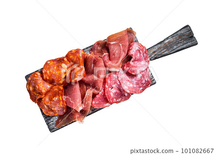 Assorted meat appetizers - salami, jamon, choriso sausages. Isolated on white background. 101082667