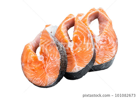 Salmon or trout steaks, raw fish prepared for cooking. Isolated on white background. Salmon or trout steaks, raw fish prepared for cooking. Isolated on white background. 101082673