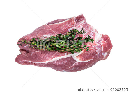 Raw pork shoulder meat on a butcher table. Isolated on white background. 101082705