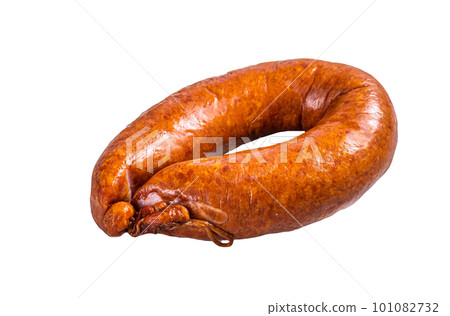 Smoked sausage on a white rustic table. Isolated on white background. Smoked sausage on a white rustic table. Isolated on white background. 101082732