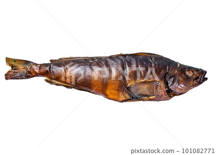 Hot smoked whole fish on kitchen table. Isolated on white background. Hot smoked whole fish on kitchen table. Isolated on white background. 101082771
