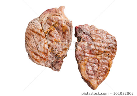 BBQ Grilled Pork loin steaks from neck fillet meat on grill. Isolated on white background. 101082802
