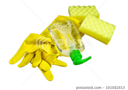 Kitchen yellow cleaning concept, housecleaning, hygiene, spring, chores, cleaning supplies. Isolated on white background. Kitchen yellow cleaning concept, housecleaning, hygiene, spring, chores, cleaning supplies. Isolated on white background. 101082813