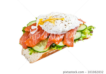 Poached egg with smoked salmon and avocado on toast. Isolated on white background. Poached egg with smoked salmon and avocado on toast. Isolated on white background. 101082832