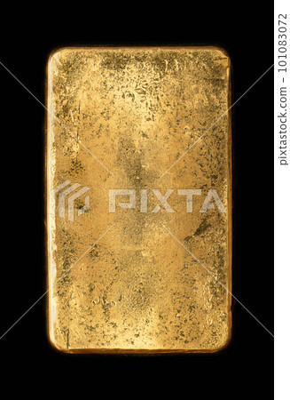 Surface of the back side of a cast gold bar, also known as gold bullion. Refined, pure metallic gold, produced by by pouring molten metal into a bar-shaped mold. Isolated on black background. Photo. Surface of the back side of a cast gold bar, also known as gold bullion. Refined, pure metallic gold, produced by by pouring molten metal into a bar-shaped mold. Isolated on black background. Photo. 101083072