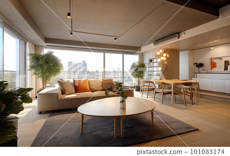 Large living room in a high-rise apartment 101083174