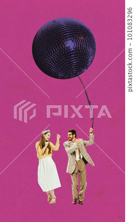 Portrait of beautiful couple wearing old-style clothes dancing under disco ball over pink background 101083296