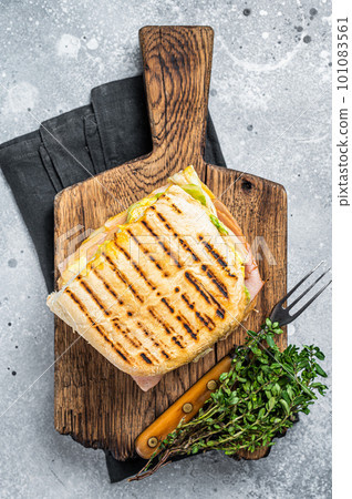 Toasted Panini sandwich with Prosciutto ham and cheese. Gray background. top view 101083561
