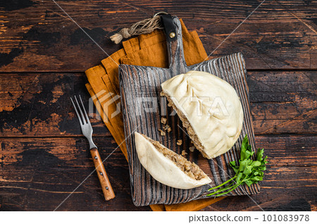 Pyanse traditional Korean pie. Asian food. Traditional korean cuisine set. Wooden background. Top view 101083978