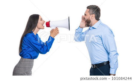 shouting businesspeople with loudspeaker in studio. businesspeople with loudspeaker shouting businesspeople with loudspeaker in studio. businesspeople with loudspeaker 101084244