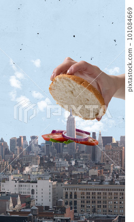 Human hand making burger over big city aerial view. Traditional cuisine of culture. Contemporary art collage. Human hand making burger over big city aerial view. Traditional cuisine of culture. Contemporary art collage. 101084669