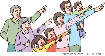 Aiming _ pointing _ family _ color _ smiling expression _ 5 people pointing in the same direction 101084709