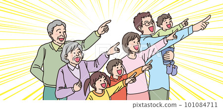 瞄準_指向_家人_顏色_微笑表情_5人指向同一個方向_背景濃度線 101084711
