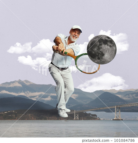 Smiling senior man in stylish clothes, playing tennis with moon against beautiful mountain, river and bridge landscape. Contemporary art collage. Smiling senior man in stylish clothes, playing tennis with moon against beautiful mountain, river and bridge landscape. Contemporary art collage. 101084786
