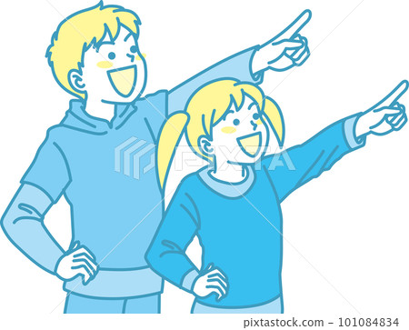 瞄準_指點_家人_青黃色_笑臉_男孩女孩指著同一個方向 101084834