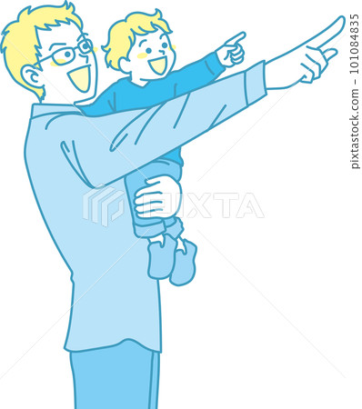 Pointing _ pointing _ family _ cyan yellow _ smiling expression _ dad and child pointing in the same direction 101084835