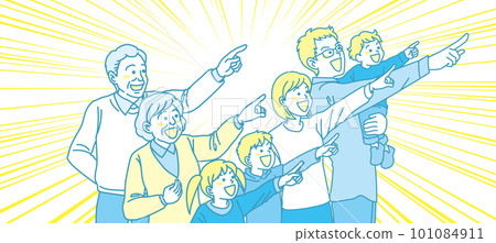 瞄準_指點_家人_青黃色_笑臉_5人同向指點_背景濃度線 101084911