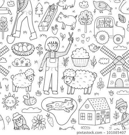 Cute black and white seamless pattern with farm animals and kids farmers 101085407