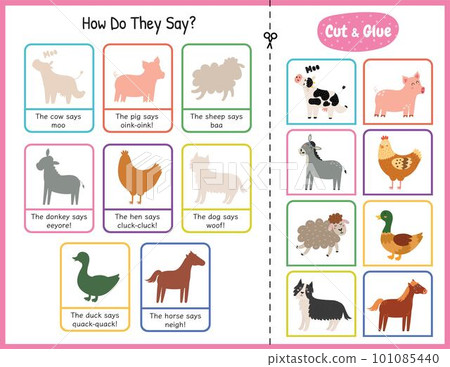 How do they say cut and glue game with cute farm characters. Educational activity page How do they say cut and glue game with cute farm characters. Educational activity page 101085440