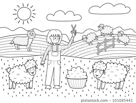 On the farm poster with cute animals in black and white. Girl shearing sheep and making wool On the farm poster with cute animals in black and white. Girl shearing sheep and making wool 101085441