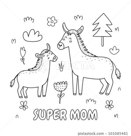 Super Mom black and white print with a cute mother donkey and her baby foal 101085481