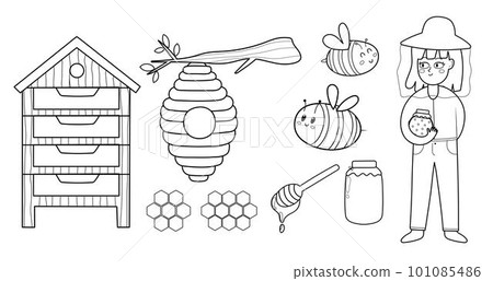 Black and white bee and honey elements set. Beekeeper girl holding a jar with honey Black and white bee and honey elements set. Beekeeper girl holding a jar with honey 101085486