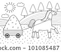 Cute horse pulling a cart with a hay stack on a green meadow print in black and white 101085487