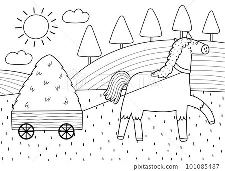 Cute horse pulling a cart with a hay stack on a green meadow print in black and white Cute horse pulling a cart with a hay stack on a green meadow print in black and white 101085487