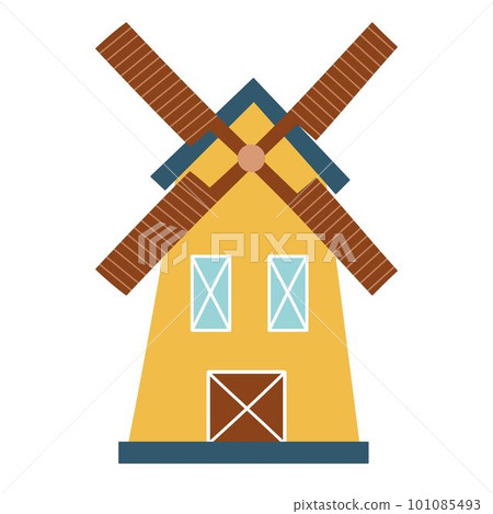 Windmill isolated element in cartoon style. Hand drawn farm mill icon on white background 101085493
