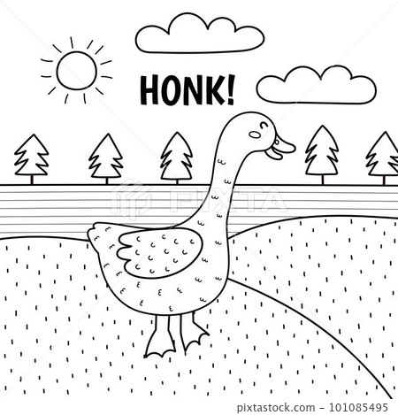 Goose saying honk black and white print. Cute farm character on a green pasture making a sound 101085495