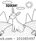 Rabbit saying squeak black and white print. Cute farm character on a green pasture making a sound 101085497