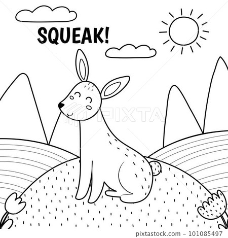 Rabbit saying squeak black and white print. Cute farm character on a green pasture making a sound 101085497