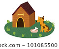Cute little dog sitting near the kennel with a bowl and a bone inside 101085500