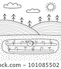 Black and white field landscape with a garden bed in cartoon style. Summer background 101085502