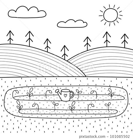 Black and white field landscape with a garden bed in cartoon style. Summer background 101085502